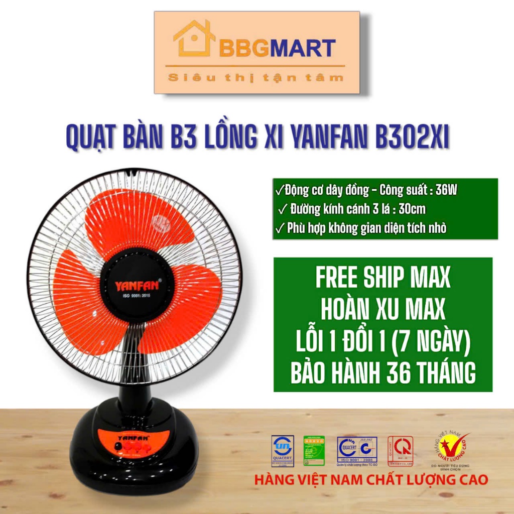 Quạt Bàn LỒNG XI B3 B302XI YANFAN Động Cơ Motor Dây Đồng 100%, 36W, Chiều Cao 55cm, Hàng Chính Hãng.