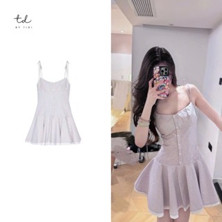 váy hai dây Zara dáng ngắn bánh bèo đầm 2 dây dáng xòe kẻ sọc khuy cài buộc nơ vai hottrend BTD330