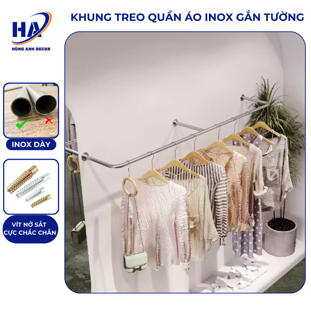 Khung chữ U inox gắn tường treo quần áo shop, gia đình không han rỉ( TẶNG KÈM VÍT NỞ )