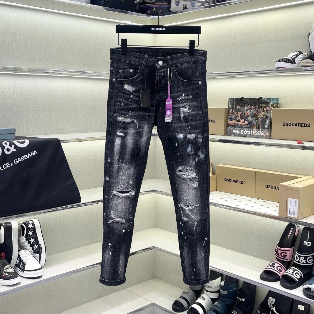 Quần Jean Nam DSQ rách gối  Quần Jean DSQ Mài Bạc Slimfit 4 Cúc rách tua Quần bò rách gối, Quần bò vá bản đặc biệt