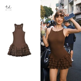 Váy đầm nữ dáng ngắn sang chảnh váy ba lỗ ôm body thiết kế chân váy bèo tầng đính nơ cổ liền than sexy BTD331