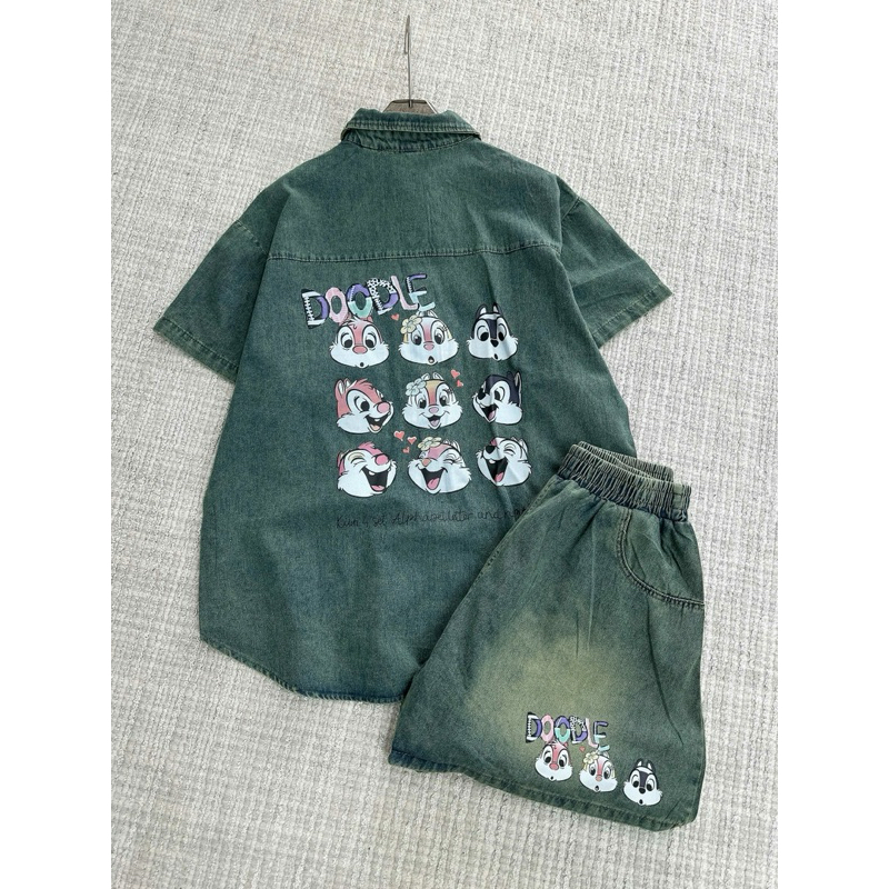 Bộ Jeans Nữ Áo In Chín Hình Sau Lưng +Quần Sooc Từ 40-95kg Màu Khói / Rêu