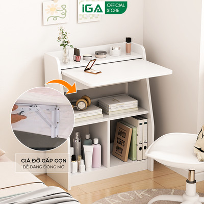 Bàn làm việc gấp gọn kèm kệ để đồ chất liệu gỗ MDF phủ melamine cao cấp thương hiệu IGA - GP404