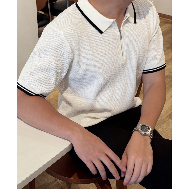 Polo khoá ZIP dệt len hoạ tiết vân nổi phong cách Korea