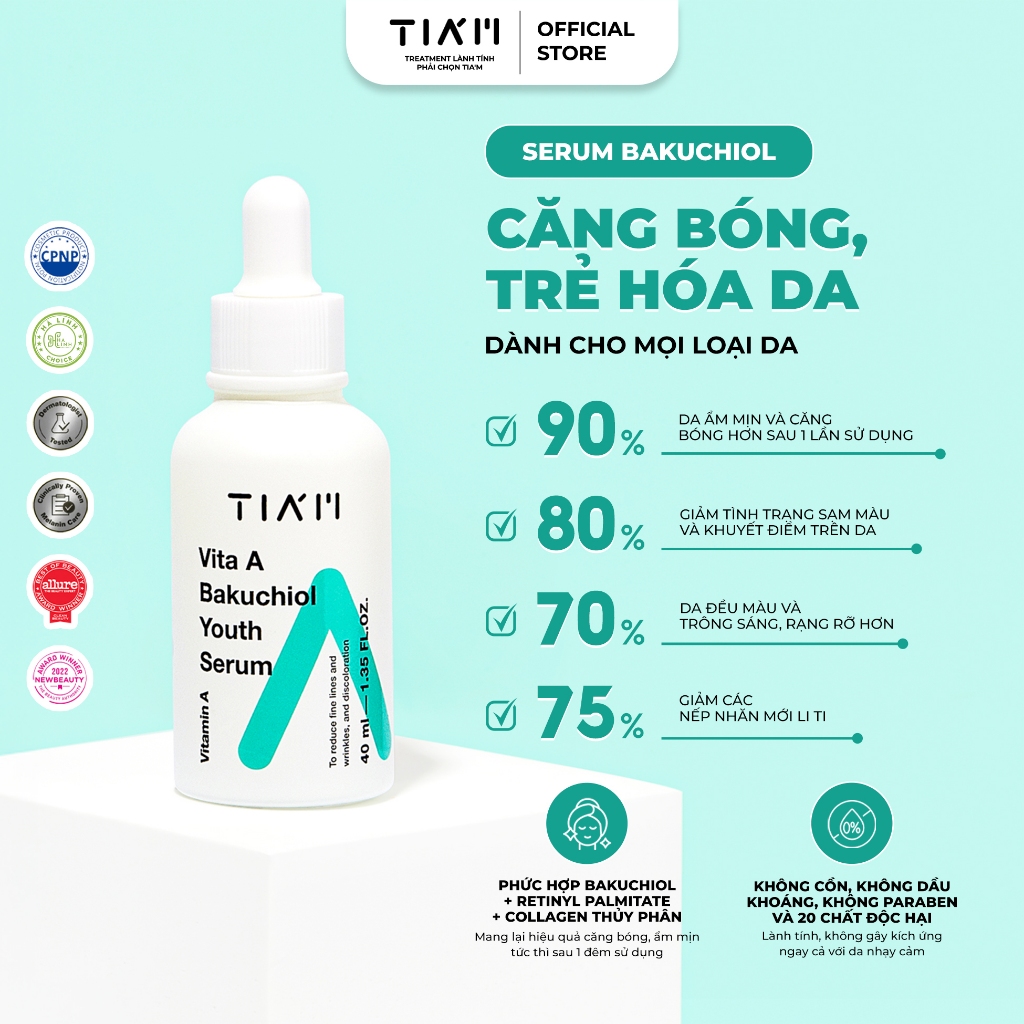 TIA'M - Serum Hỗ Trợ Dưỡng Da Căng Bóng Tia'm Vita A Bakuchiol Youth Serum 40ml tinh hoa