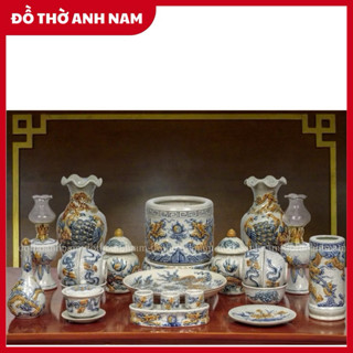  Bộ thờ cúng men rạn đắp nổi- đồ thờ cúng gia tiên thổ công bàn thờ thần tài gốm sứ Bát Tràng 