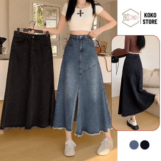 Chân váy jeans nữ dáng dài xoè cạp cao tôn dáng, chân váy bò nữ xanh đen hottrend KoKo CVD 58