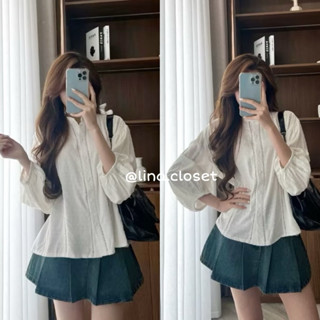 Áo sơ mi kiểu nữ chất thô boi chấm bi cổ tàu chạy ren dọc dài tay phong cách Hàn Quốc