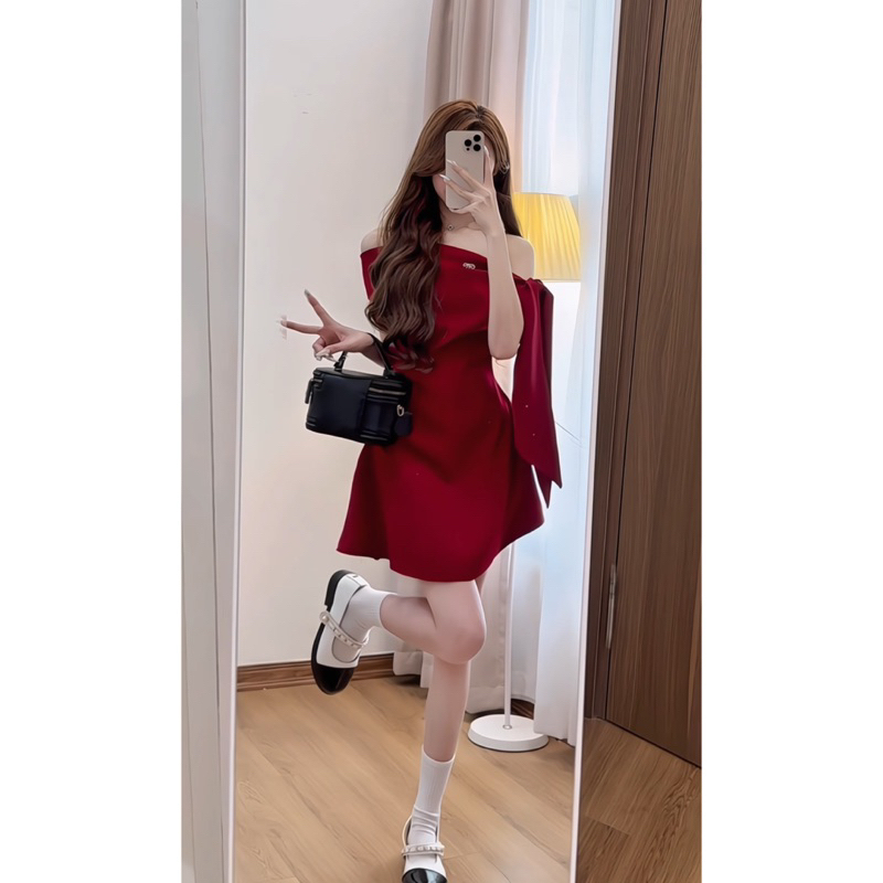 [Tặng nơ đá] Đầm trễ vai tiểu thư chiết ly eo buộc nơ vai sang chảnh dự tiệc HV280 | BigBuy360 - bigbuy360.vn