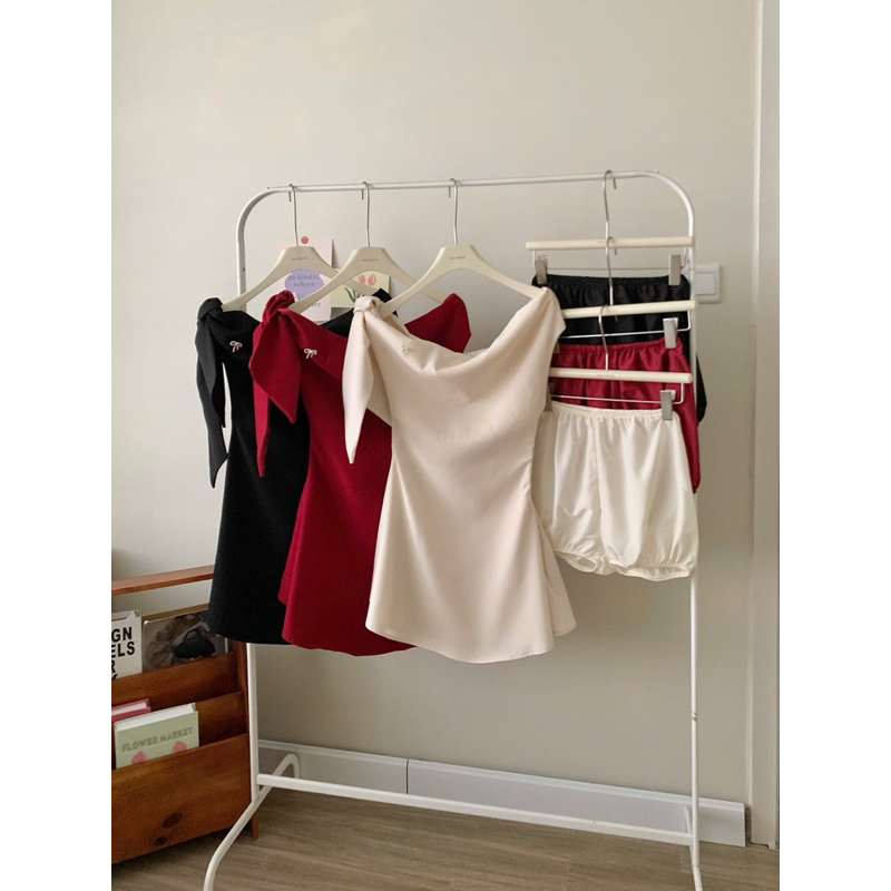 [Tặng nơ đá] Đầm trễ vai tiểu thư chiết ly eo buộc nơ vai sang chảnh dự tiệc HV280 | BigBuy360 - bigbuy360.vn