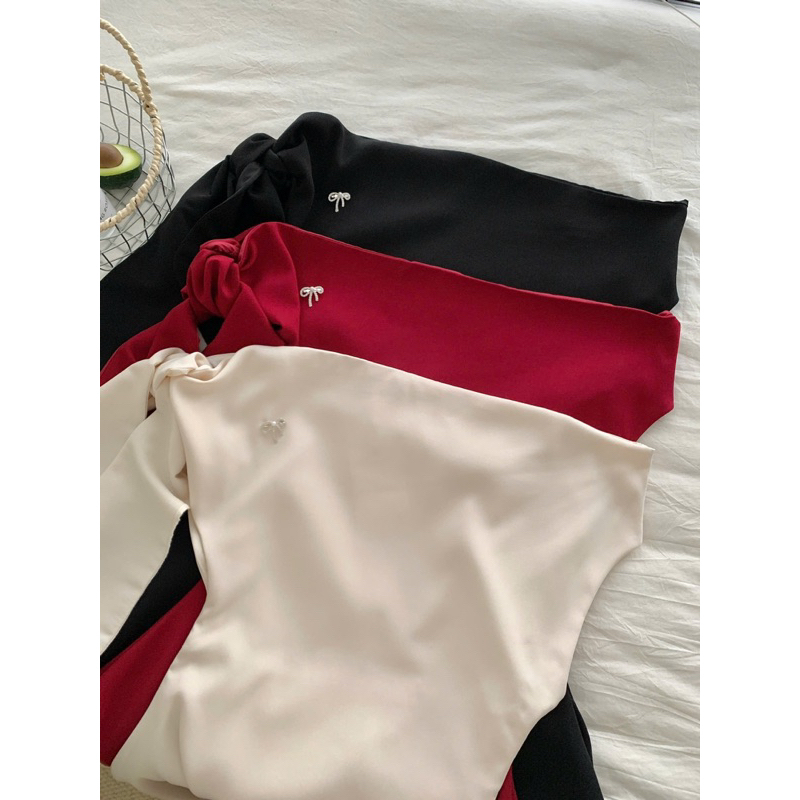 [Tặng nơ đá] Đầm trễ vai tiểu thư chiết ly eo buộc nơ vai sang chảnh dự tiệc HV280 | BigBuy360 - bigbuy360.vn