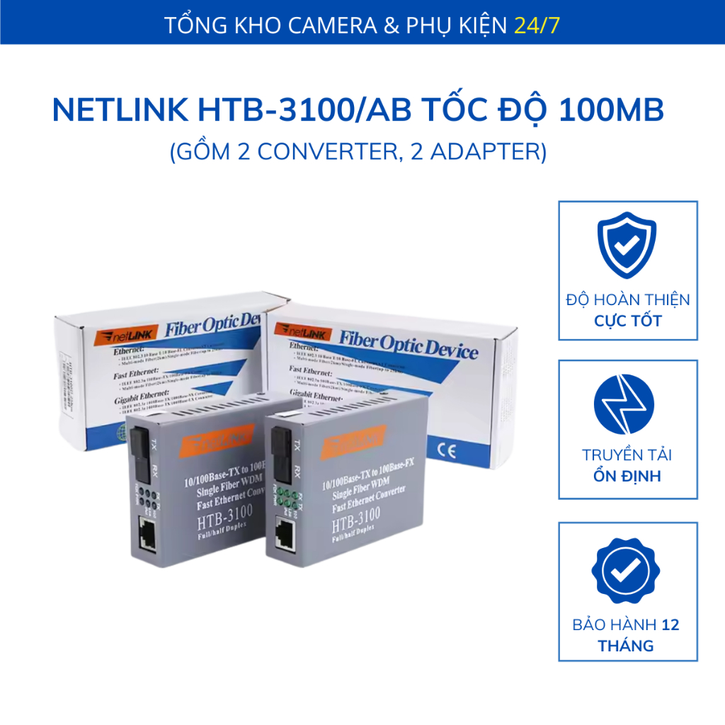 Bộ chuyển đổi quang điện NetLink HTB-3100A/B 100Mbps truyền xa 25KM, Chính Hãng, BH 6 tháng | CB09