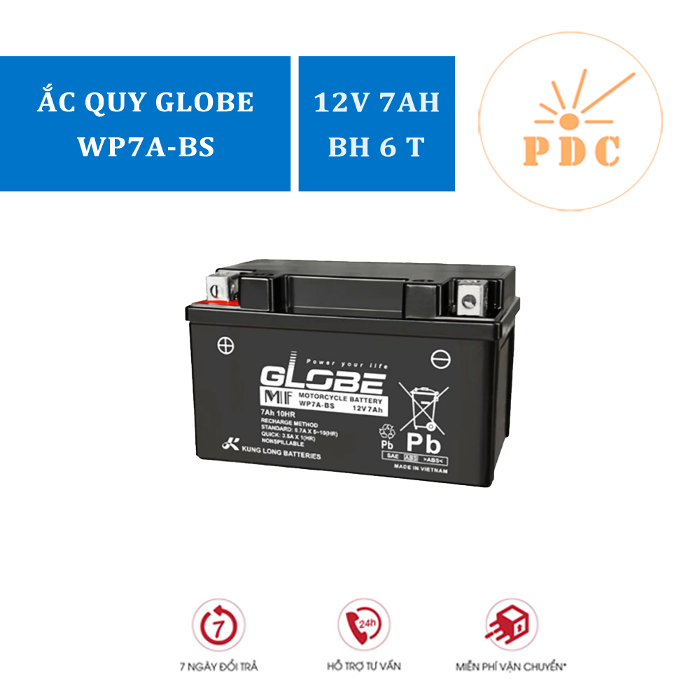 Bình ắc quy khô GLOBE WP7A-BS 12V-7AH ắc quy lùn thấp dành cho xe máy Atila, Spacy ,Vespa, Zip, Môtô