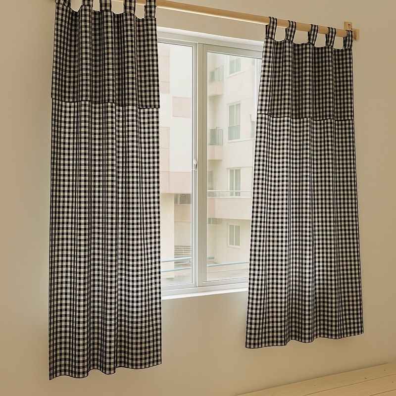Rèm Cửa Vải Caro Vintage Quai Treo 2 Lớp - Không Kèm Thanh Treo