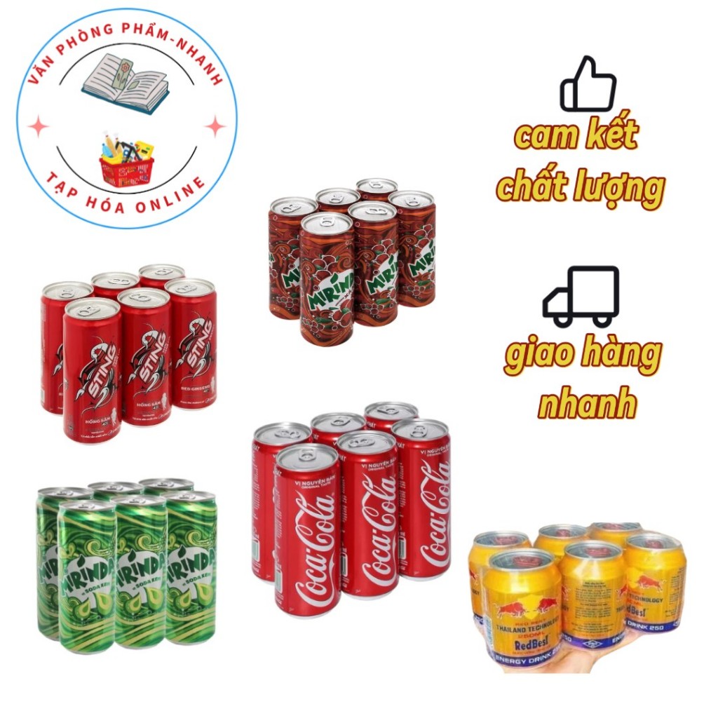 Lốc 6 lon nước ngọt coca cola, sting, nước tăng lực, mirinda