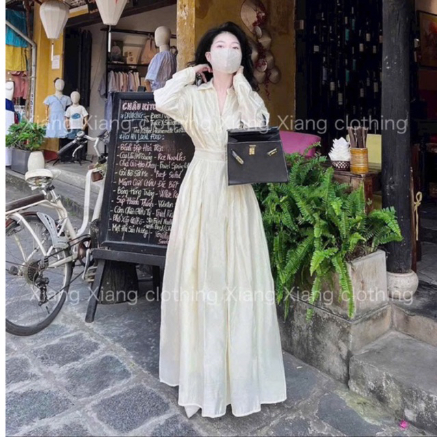 Váy midi cổ bẻ voan tơ