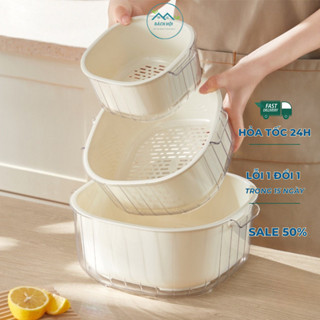  Set 6 món rổ kèm chậu bộ 3 rổ và chậu thau nhựa rửa rau củ 2 lớp hình tròn chất liệu nhựa PP dày 