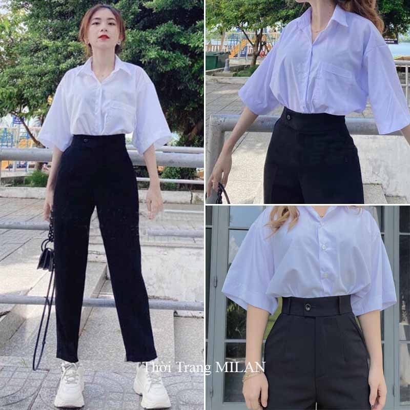 Quần Tây Lưng Cao Nữ Đi Học 1 Nút Cúc Lệch Giữa Khóa Kéo M50 M55 M50 Dáng Quần Baggy Nữ Cạp Cao Vải 