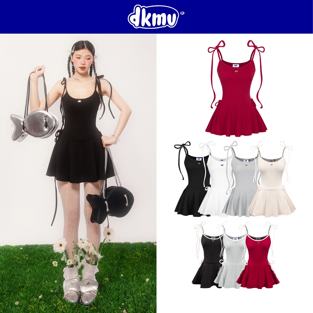 Váy nữ kiểu phối viền thêu logo DKMV hai dây buộc nơ logo inox cá màu đen, đỏ , trắng, kem, xám Lido Dress | K-D2 | BigBuy360 - bigbuy360.vn