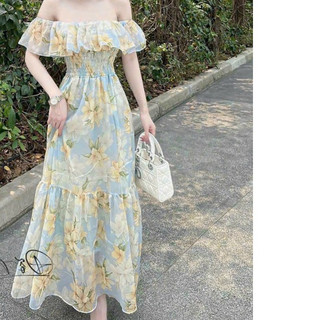 Đầm thời trang nữ đi tiệc sang chảnh chất voan hoa trễ vai có mocking váy xoè ôm eo dáng dài maxi siêu xinh