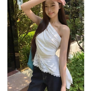 Áo Lệch Vai Tà Xéo SANJOLI Áo Lệch Vai Phối Ren Tà Xéo AO005