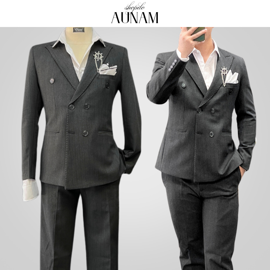 Blazer nam,Vest nam Xám Đậm Kẻ Sọc 6 cúc,Bộ suit nam form slim fit, chất vải cao cấp