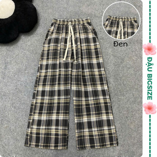 Quần dài dáng suông bigsize nữ kẻ sọc cạp cao lưng thun co giãn dễ mặc chất vải caro thô ít nhăn Q546