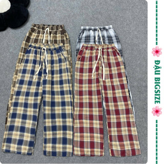 Quần dài ống suông bigsize nữ kẻ sọc cạp cao lưng thun co giãn dễ mặc chất vải caro thô ít nhăn - Q538
