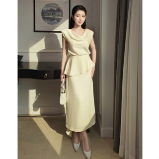 Set đồ nữ sang chảnh tiểu thư áo lụa trượt cổ đổ thắt eo phối chân váy lụa dáng dài thiết kế nữ thần hy lạp LEVAN Jennie