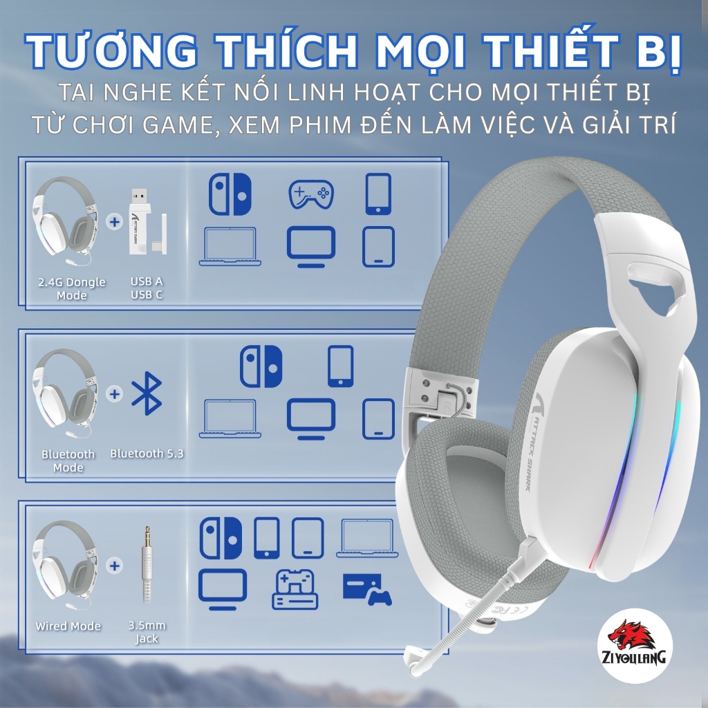 Tai Nghe Không Dây Attack Shark L90 - 3 Mode Kết Nối, Âm Thanh Vòm 7.1, LED RGB, Micro Chống Ồn | BigBuy360 - bigbuy360.vn