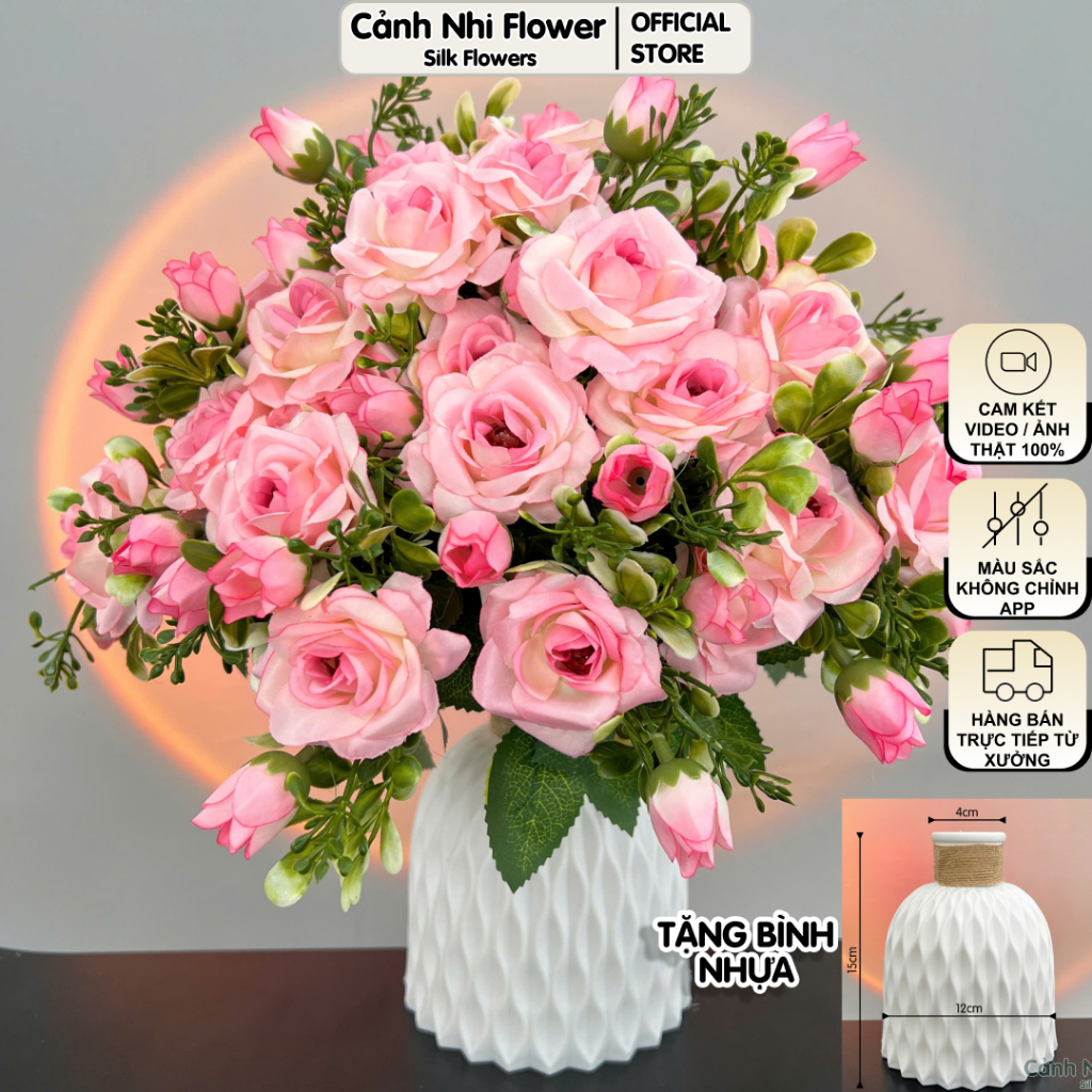 (Tặng Bình) Bình hoa giả tỉ muội decor phòng khách - Chậu hoa để bàn trang trí - Cảnh Nhi Flower