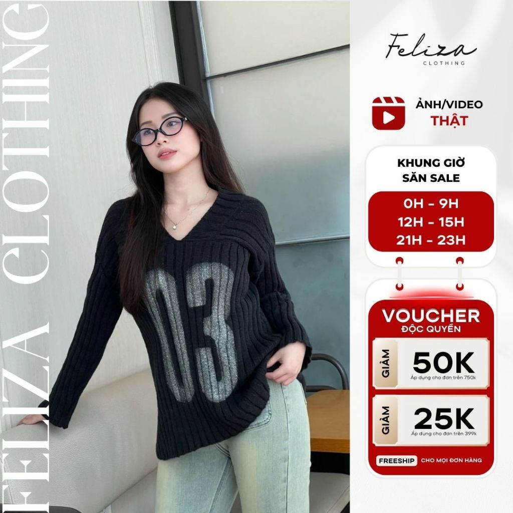 Áo len nữ tay dài cổ tim form vừa chất len gân dày-Feliza clothing