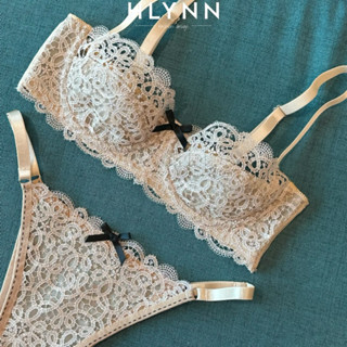 Bộ đồ lót ren thêu màu be đính nơ đen cúp ngang có gọng m324