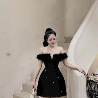 Đầm thời trang nữ sang chảnh đi tiệc chơi tapta áo cổ chữ V trễ vai phối lông ôm eo đính cườm dáng váy chữ A dài mini