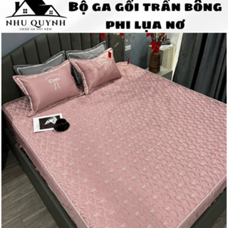 Bộ 3 Món Ga Gối Trần Bông Phi Lụa Thêu Nơ Điệu Đà, Vải Lụa cao cấp Mềm Mại Óng Nhẹ
