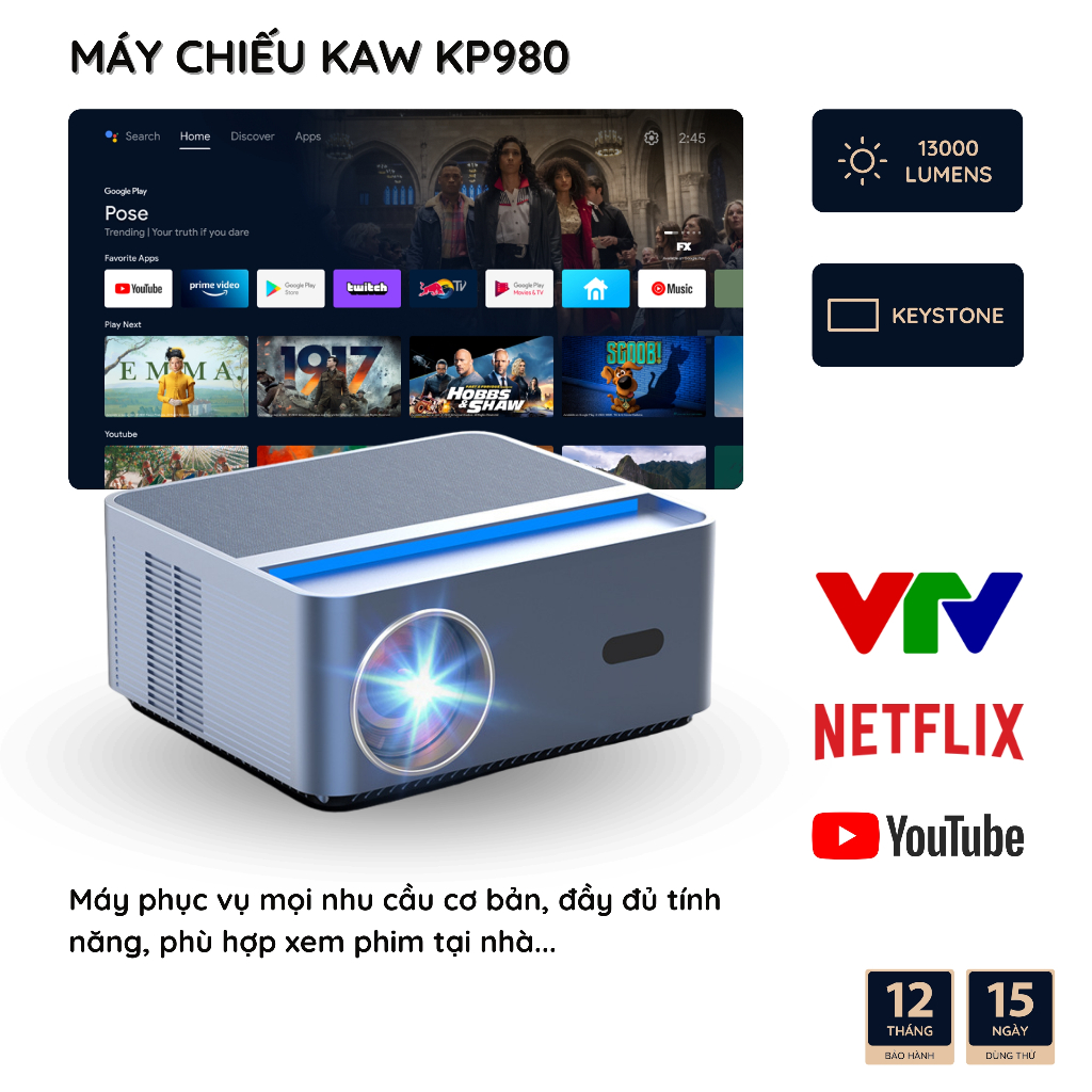 Máy chiếu mini KAW K880 - Độ sáng 12000 Lumens, Hỗ Trợ Hình Ảnh 4K, Wifi 2.4G/5G, Bảo Hành 12 tháng
