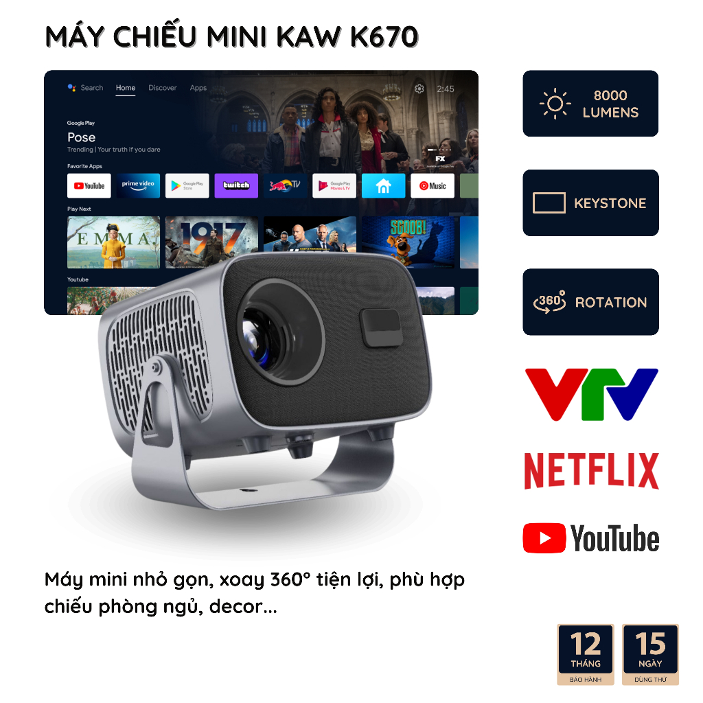 Máy Chiếu Mini KAW K670 - Hàng Chính Hãng, Full HD Siêu Nét, Hỗ Trợ 4K, Độ Sáng Cao, Android 11 | BigBuy360 - bigbuy360.vn