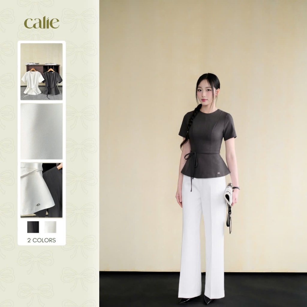 Áo peplum cổ tròn cộc tay thắt nơ eo, chất liệu cao cấp, form basic siêu tôn dáng thời trang nữ Cali