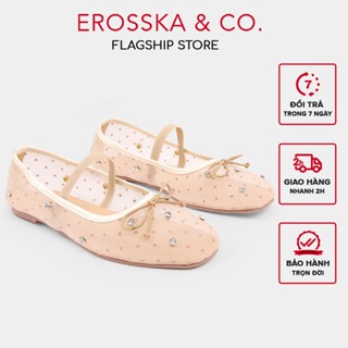Erosska - Giày búp bê nữ đế bệt lưới chấm bi phối đá kèm nơ cách điệu dễ thương màu kem 1cm - EL057