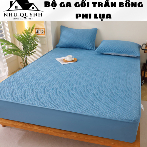 Bộ ga gối trần bông bo chun phi lụa cao cấp, Set 3 món ga trải giường chun trần bông cao cấp chất li