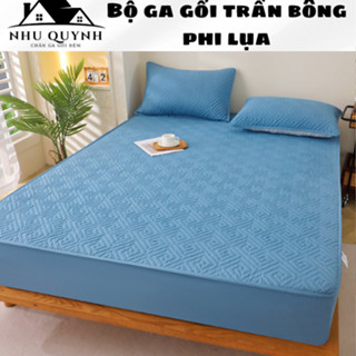 Bộ ga gối trần bông bo chun phi lụa cao cấp, Set 3 món ga trải giường chun trần bông cao cấp chất liệu phi lụa mềm mại
