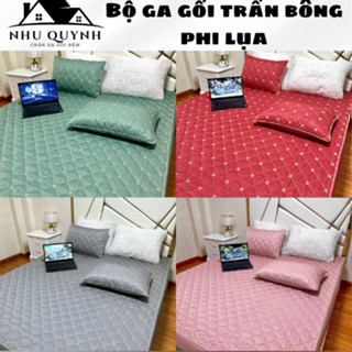 Bộ Ga Trải Giường Trần Bông+2 Vỏ Gối Đầu Phi Lụa Bo Chun Bọc Đệm Trần Bông Dày Dặn 1m2 1m4 1m5 1m6 1m8 2m2