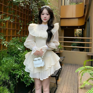  Váy tiểu thư công chúa vintage trắng kem dài tay loe Đầm voan bèo to dáng xòe bồng đi tiệc dạo phố sang chảnh T1121G 