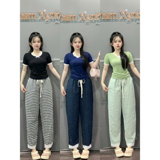 Bộ áo thun phối ren cổ tròn kèm quần vải đũi in caro nhẹ mát - BG23