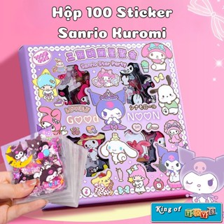 Hộp 100 Miếng Dán Sticker Hình Kuromi Melody Gấu Dâu Hello Kitty Trang Trí Dán Sách Vở Bình Nước Hộp Bút Dành Cho Bé