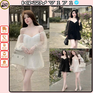 Váy voan tơ trễ vai vổ V tiểu thư bồng bềnh, Đầm babydoll cup ngực sang chảnh dáng bí 2 lớp (kèm quần) V172 KAZYDRESS