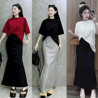  Set váy thiết kế thanh lịch tôn dáng cho nàng set áo phông tay ngắn cổ tròn mix váy đuôi cá dáng dài - shop ngô fashion 