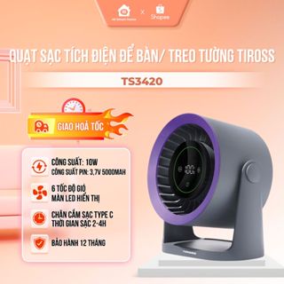 Quạt tích điện để bàn, treo tường USB Tiross TS3420 - 10W, pin 3,7V 5000mAh, 6 tốc độ gió, Bảo hành 12 tháng