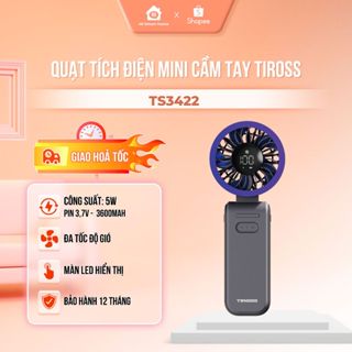 Quạt tích điện cầm tay USB Tiross TS3422/ TS3428 5W, Pin 3,7V 3600mAh, Có màn LED hiển thị, Dây đeo cổ, BH 12 tháng