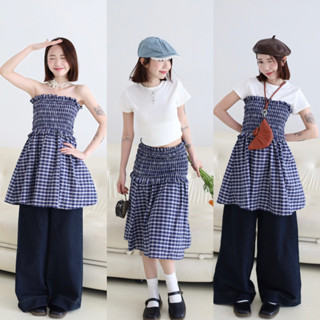 (HÀNG SẴN) Set áo thun tay ngắn và chân váy dáng dài phối chun nhún sọc caro - gocnhavit.fordaily